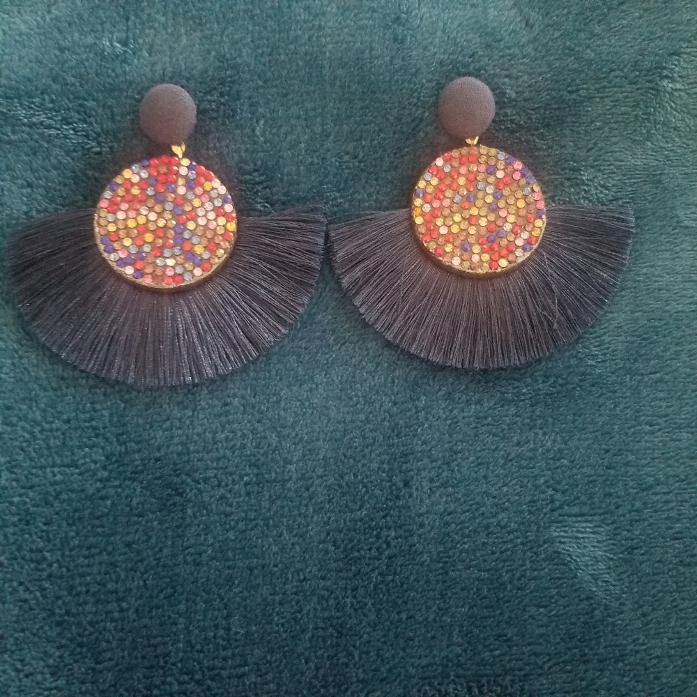 Navy Fringe Earrings W/ Rhinestones